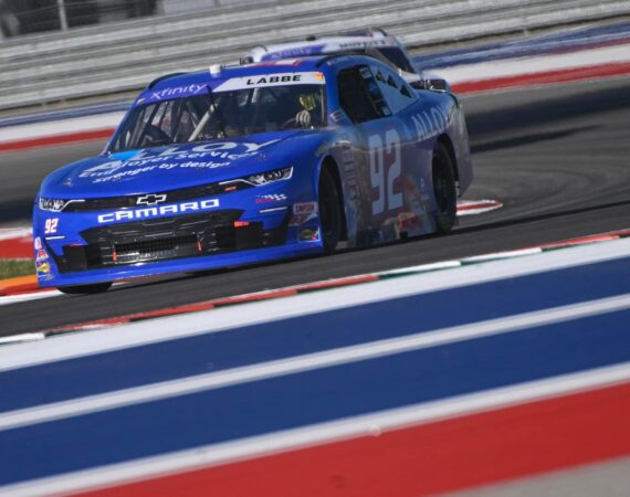 AUSTIN, TEXAS - MARCH 24: Alex Labbe, driver of the #92 Alloy Employer Services Chevrolet, drives during practice for the NASCAR Xfinity Series Pit Boss 250 at Circuit of The Americas on March 24, 2023 in Austin, Texas. (Photo by Logan Riely/Getty Images)